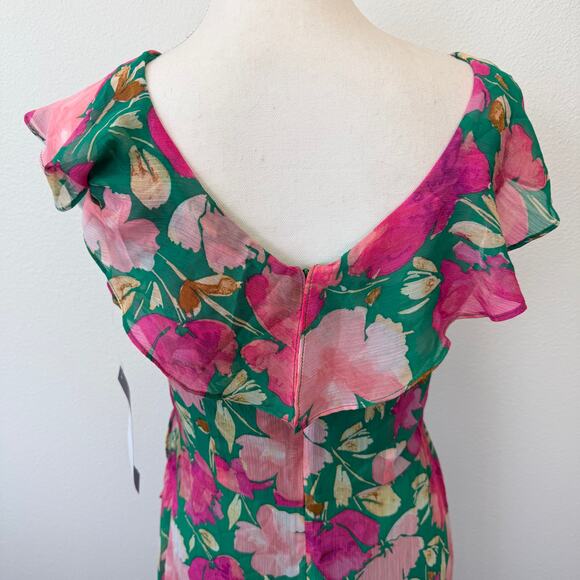 London Times Sleeveless Floral Ruffle Wrap Asymmetrical Hem Maxi Dress Sz 8 NEW - Picture 8 of 15